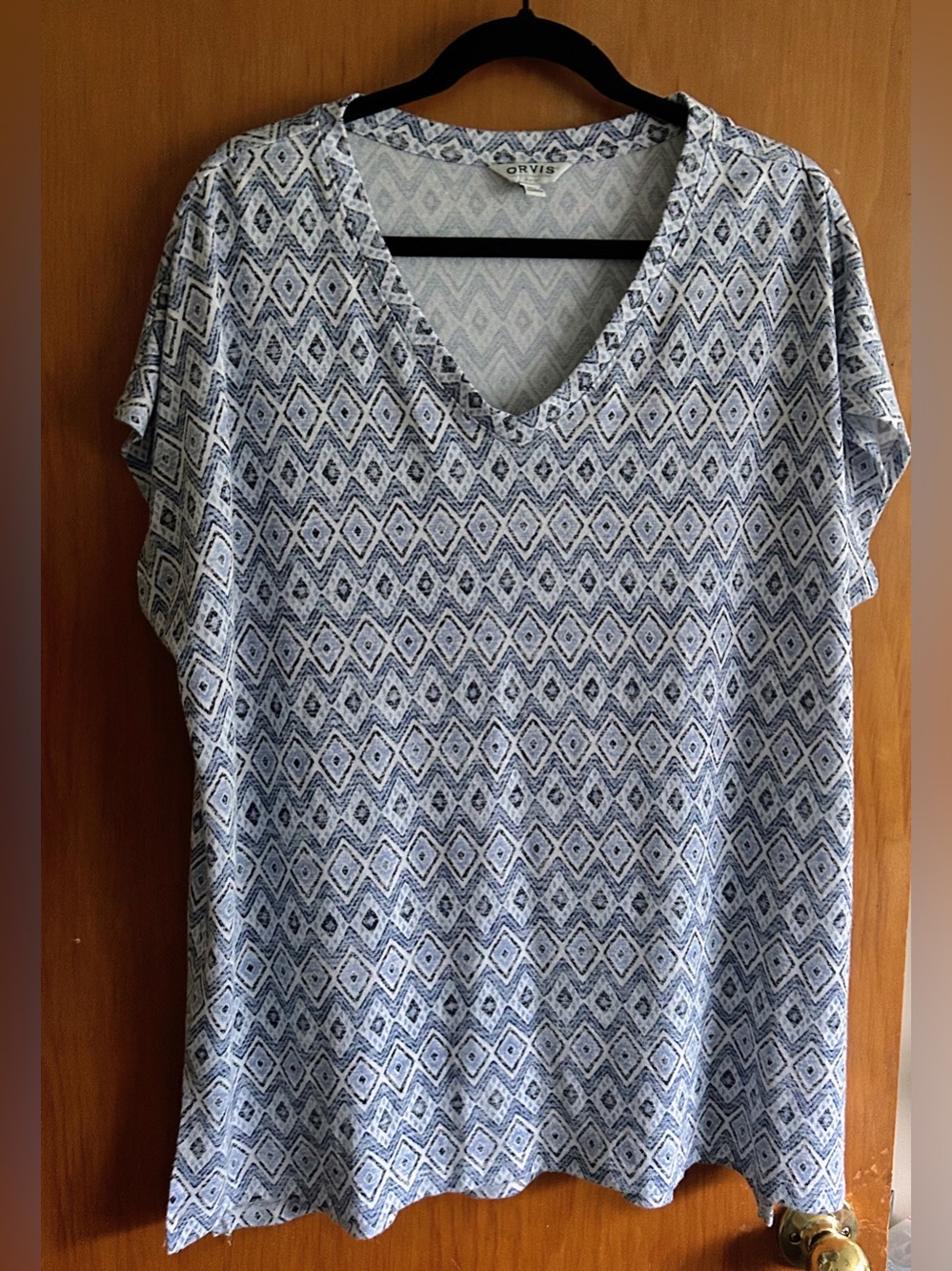 Orvis Blue & White Diamond-Print V-Neck Tunic